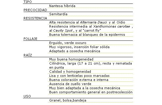 Tipo nantesa hbrida, precocidad semitarda, alta resistencia al Alternara Dauci y al odio, resistencia intermedia al Xanthomonas carotae, al Cauty Spot y al  carrot fly, buena tolerancia al banqueo de la epidermis, Follaje erguido, verde oscuro, muy vigoroso, insercin foliar slida, adaptado a cosecha mecnica. Raz muy buena homogeneidad cilndrica,  larga de 17 a 21 centmetros, recta y rematada en punto, calidad y homogeneidad, lisa y con lenticelas poco marcadas, buena coloracin externa e interna, ausencia de cuello verde, muy bien adaptada a la cosecha mecnica, buen comportamiento general en posrecoleccin, Se usa a granel en bolsa y bandeja