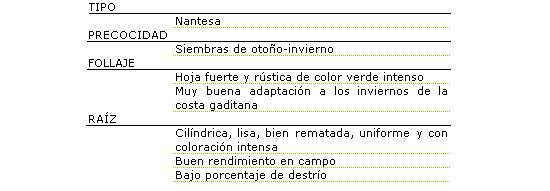 Tipo nantesa, precocidad en siembras de otoo-invierno, hoja fuerte y rstica de color verde intenso, muy buena adaptacin a los inviernos de la costa gaditana, raz cilndrica, lisa, bien rematada, uniforme y con coloracin intensa, buen rendimiento en campo y bajo porcentaje de destro.