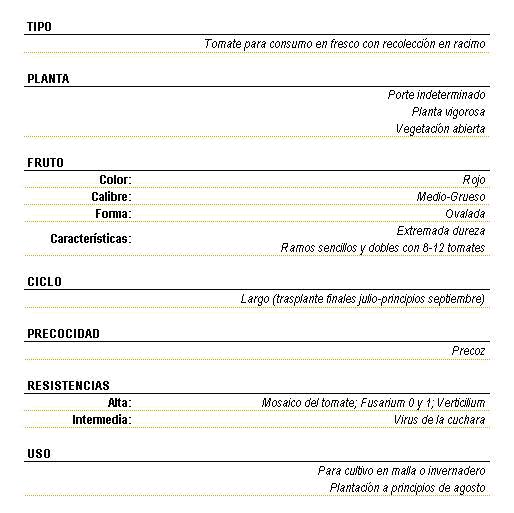 Tomate para consumo en fresco con recoleccin en racimo, planta vigorosa de porte indeterminado y vegetacin abierta. Fruto color rojo calibre medio-grueso, forma ovalada, extrema dureza, ramos sencillos y dobles con 8 a 12 tomates, de ciclo largo (trasplante finales de julio principios septiembre) precoz, Resistencia alta a mosaico del tomate, Fusarium 0 y 1 Verticilium, virus de la cuchara, uso para cultivo en malla o invernadero, plantacin a principios de agosto.