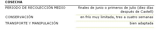 La recoleccin es de finales de junio o primeros de julio (diez das despus de Castell). La aptitud para la conservacin en frio es muy limitada, de tres a cuatro semanas, pero est bien adaptada al transporte y la conservacin.