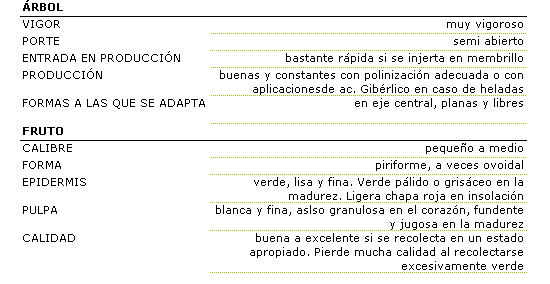 Los caracteres morfolgicos de estavariedad son: rbol muy vigoroso, porte semiabierto, con entrada en produccin bastante rpida si se injerta en membrillo, es de buena y constante produccin con polinizacin adecuada o con aplicaciones de cido gibelrico en caso de heladas. La sformas a las que se adapta son en eje central, planas y libres. El fruto es de calibre medio a pequeo, de forma piriforme, a veces ovoidal. La epidermis verde, lisa y fina con ligera chapa roja en insolacin. La pulpa blanca y fina, granulosa en el corazn y fundente y jugosa en la madurez. La calidad vara de buena a excelente si se recolecta en un estado apropiado. Pierde mucha calidad al recolectarse excesivamente verde.