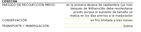 Esta variedad es de primeros de septiembre (un mes despus de Williams), no debe recolectarse pronto porque el aumento de tamao se realiza en los das previos a la maduracin. La conservacin en fro est limitada a tres meses. La aptitud para transporte y almacenaje es buena.