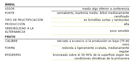 Los caracteres morfolgicos de la variedad Angelys son: rbol de vigor medio, algo inferior a conferencia, porte semiabierto, basitona media, rbol medianamente ramificado, el tipo de fructificacin es en brindillas cortas y lamburdas. La produccin es alta y poco sensible a la alternancia. El fruto es de calibre elevado a excesivo si la produccin es alta, poco sensible a la alternancia. El fruto es de calibre elevado si la produccin es baja de 75 a 80 milmetros. La forma es de redonda a ligeramente ovalada, medianamente regular. Su epidermis es bronceada sobre el 30 al 90 por ciento de la superficie segn las condiciones climticas de la primavera. 